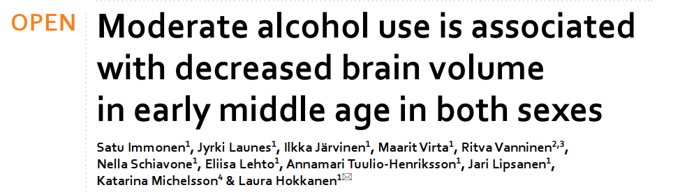 Nature：Moderate alcohol use is associated with decreased brain volume in early middle age in both sexes男女中度饮酒与中年早期脑容量下降有关