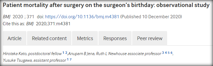 BMJ：患者在外科医生生日当天进行手术，患者术后30天死亡率更高